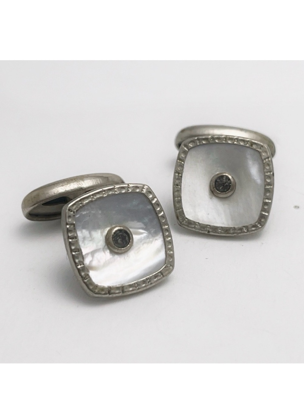 Vintage Silver Mother Pearl Square Cufflinks Flat Texture Geometric Whale Back